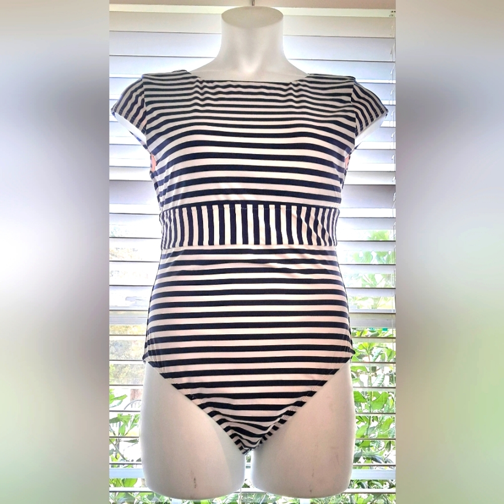 J. Crew Navy Blue & White Striped One Piece Swimsuit Sz 12 NWT